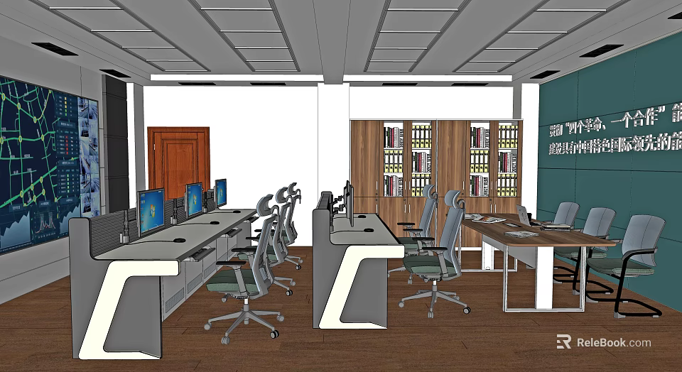 Monitoring Room Interior With Multiple Computer Monitors Office Desks And Bookshelves 3d model 