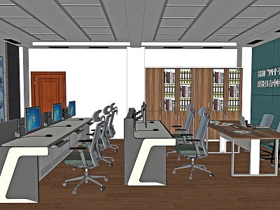 Monitoring Room Interior With Multiple Computer Monitors Office Desks And Bookshelves 3d model