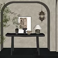 Serene Console Table Scene With Bamboo Decorative Painting Lantern Pendant And Table Lamp
