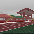 Outdoor Sports Stadium Featuring Red Running Track Green Stands Pink Roof And Athletes