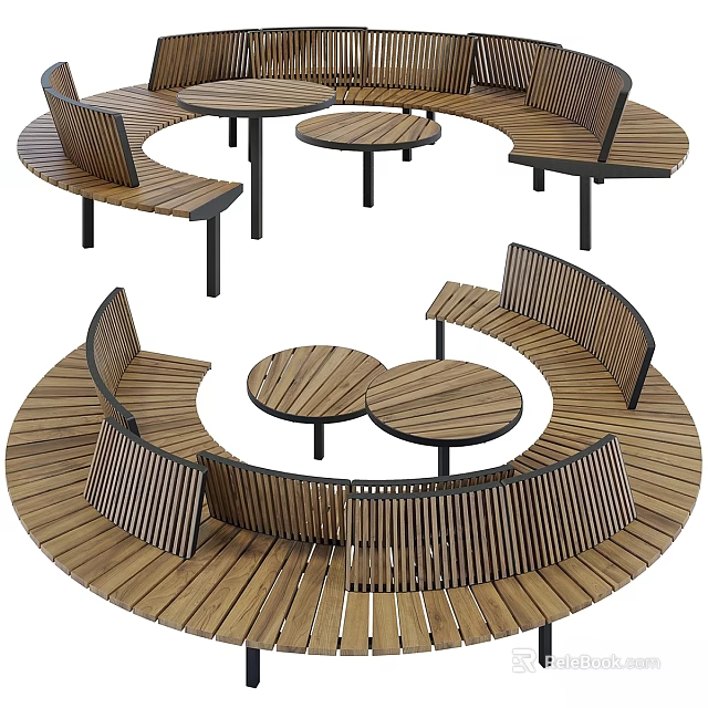 Circular Wooden Ground With Curved Benches And Small Round Tables In Outdoor Leisure Area 3d model 