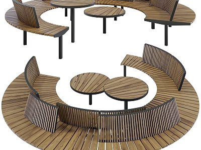 Circular Wooden Ground With Curved Benches And Small Round Tables In Outdoor Leisure Area 3d model