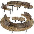Circular Wooden Ground With Curved Benches And Small Round Tables In Outdoor Leisure Area