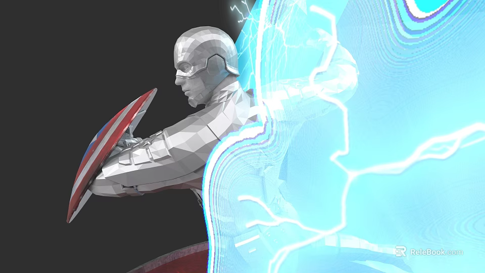 Game and Movie Character in Silver Armor with Shield and Blue Lightning Energy Effects 3d model 