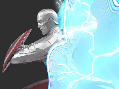 Game and Movie Character in Silver Armor with Shield and Blue Lightning Energy Effects 3d model