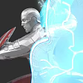 Game and Movie Character in Silver Armor with Shield and Blue Lightning Energy Effects