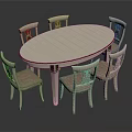 Elegant Oval White Dining Table Set with Carved Light Pink Cushioned Chairs 3d model