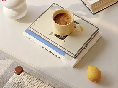 Books Magazine Stack Featuring Yellow Coffee Cup Lemon And Chocolate On White Table 3d model
