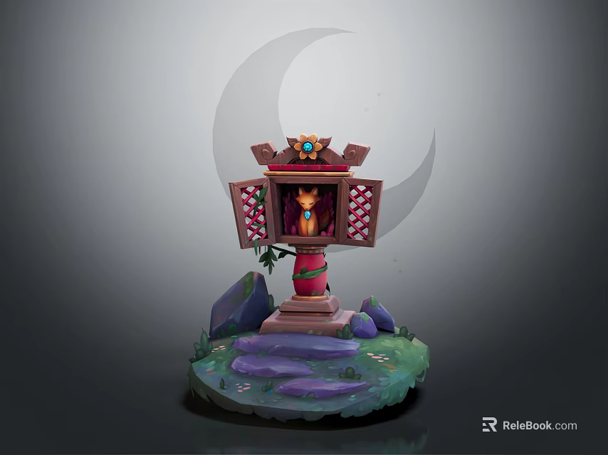 3D Animal Figure Inside Decorative Lantern With Mountain Base And Moon Background 3d model 