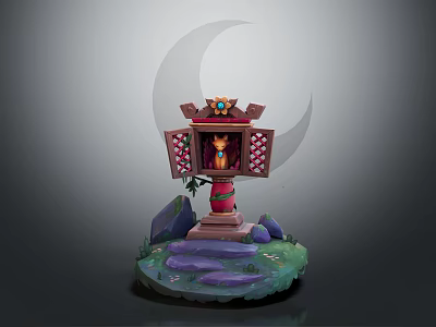 3D Animal Figure Inside Decorative Lantern With Mountain Base And Moon Background 3d model
