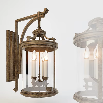 Vintage Wall Sconce With Glass Shade And Candle Style Bulbs In Antique Brass Design 3d model