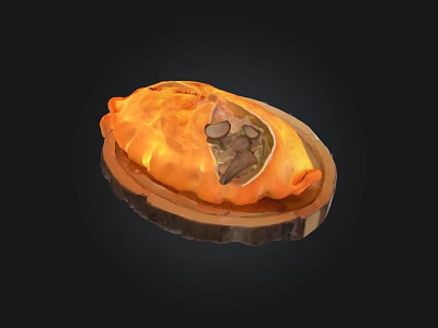 Golden Baked Pastry With Savory Meat And Vegetable Filling On Wooden Plate 3d model