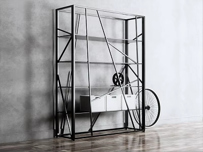 Modern Black Metal Frame Bookcase With Open Design White Drawers And Bicycle Decor 3d model