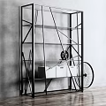 Modern Black Metal Frame Bookcase With Open Design White Drawers And Bicycle Decor