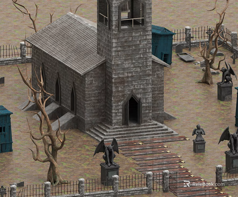 European Style Stone Church Building With Bell Tower Pointed Arch Angel Statues And Iron Fences 3d model 