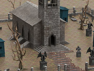 European Style Stone Church Building With Bell Tower Pointed Arch Angel Statues And Iron Fences 3d model