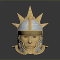 Ancient Warrior Character Wearing Spiked Golden Silver Helmet With Ornate Design