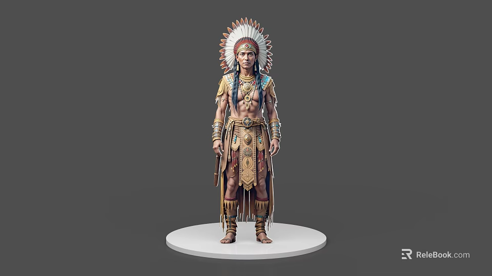 Native American Tribal Chief Game Character With Feather Headdress And Traditional Costume 3d model 
