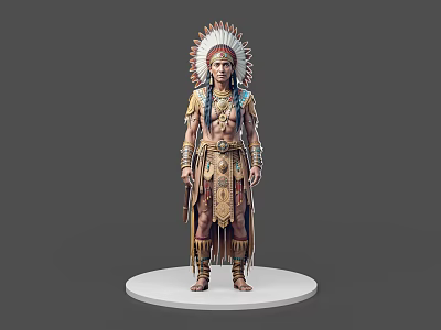 Native American Tribal Chief Game Character With Feather Headdress And Traditional Costume 3d model