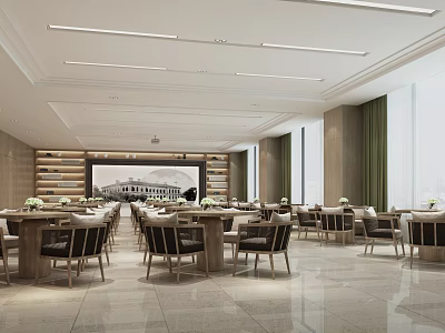 Elegant Modern Restaurant Interior With Wooden Dining Tables Chairs And Decorative Wall Art 3d model