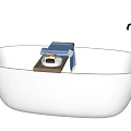 White Bathtub Interior With Wooden Tray Blue Item And White Cup Black Faucet