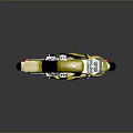 Yellow Motorcycle With Green Wheels Brown Seat Transparent Windshield And Decorative Graphics