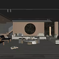 Modern Luxury Living Room Interior With Wooden Walls Circular Art Gray Sofas And Coffee Tables