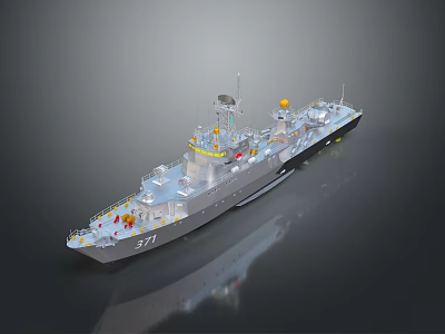 Water Transport Military Warship With Hull Number 571 Deck Antennas Yellow Device And Red Gear 3d model