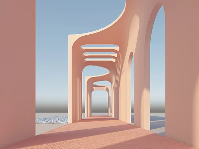 Pink Pergola Featuring Arched Structure Curved Design in Open Space with Light and Shadow Effects 3d model