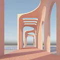 Pink Pergola Featuring Arched Structure Curved Design in Open Space with Light and Shadow Effects 3d model