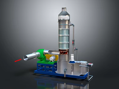 Industrial Processing Equipment With Cylindrical Tower Green Pump And Metal Pipes 3d model