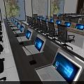 Monitoring Room Interior With Multiple Monitors Control Desks And Seats Layout