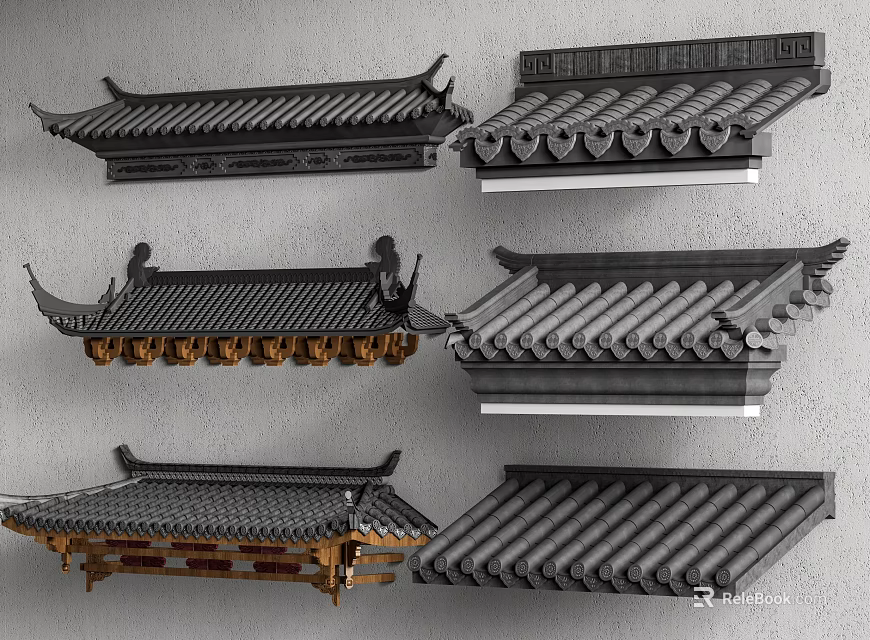 Traditional Chinese Roof Architectural Styles With Various Tile Patterns And Eaves 3d model 