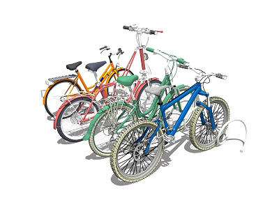 Colorful Bicycles In Orange Red Green Blue Hues Parked Together 3d model