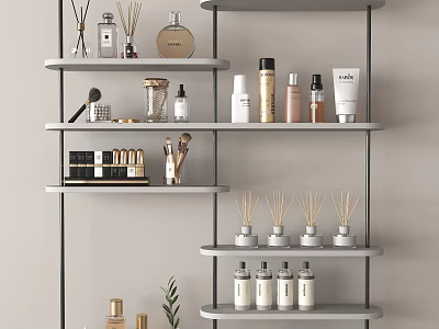 Modern Perfume and Cosmetics Display Shelf With Fragrance Bottles Skincare Jars And Reed Diffusers 3d model