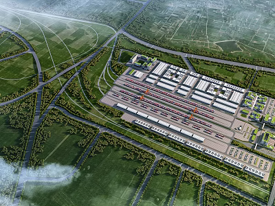 Aerial View Planning of Integrated Logistics Hub with Warehouses Roads and Green Spaces 3d model