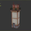 Light Colored Two Story Watchtower With Orange Trim Gray Base Green Windows And Top Railing