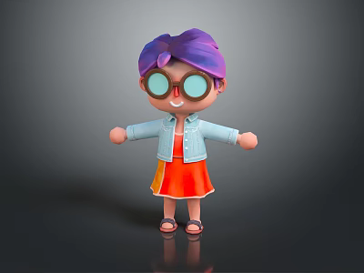 Cartoon Woman With Purple Pink Hair Large Round Glasses Light Blue Jacket Orange Dress Sandals 3d model