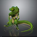 Green Chameleon 3D Character Model Sitting With Long Tail On Smooth Reflective Surface 3d model