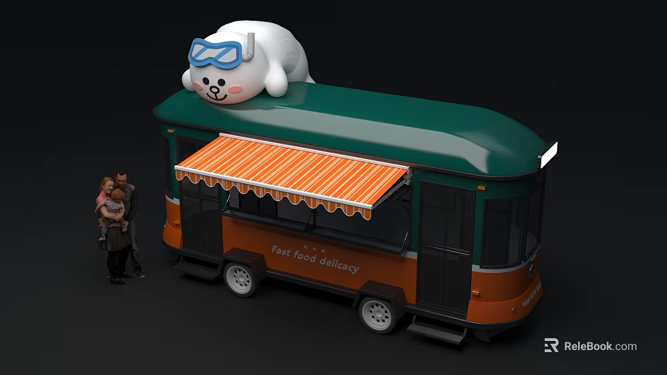 White Cartoon Character On Green Roof Food Truck With Orange Awning Fast Food Factory 3d model 