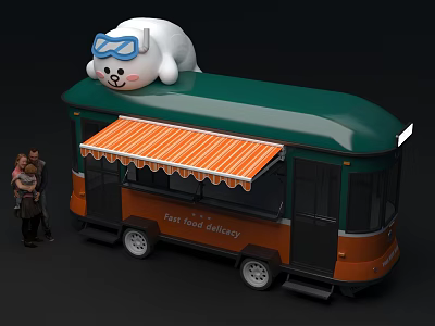 White Cartoon Character On Green Roof Food Truck With Orange Awning Fast Food Factory 3d model