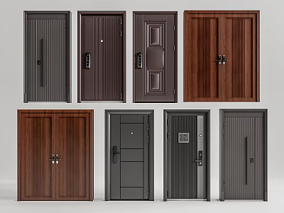 Various Security Doors With Modern Designs Wood Grain And Metal Textures In Dark Colors 3d model