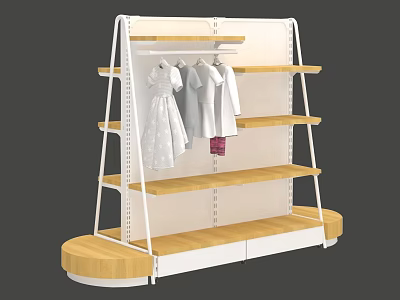 Modern Display Rack With Multiple Wooden Shelves White Metal Frame And Hanging Clothes 3d model