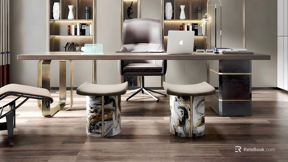 Modern Study Room Interior With Wooden Desk Office Chair Laptop Bookshelves And Vases 3d model 