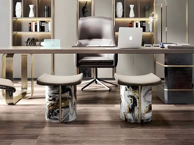 Modern Study Room Interior With Wooden Desk Office Chair Laptop Bookshelves And Vases 3d model