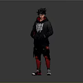 Man In Black Hoodie With White Graphic Black Cargo Pants Red Knee Pads Gray Sneakers