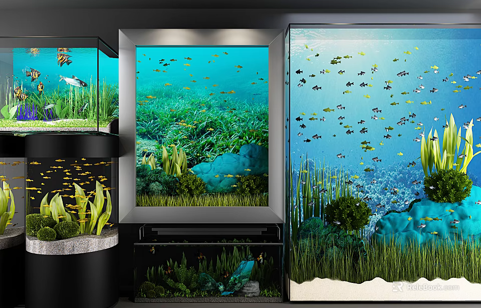 Modern Aquarium Display With Colorful Fish Green Plants And Decorative Stones 3d model 