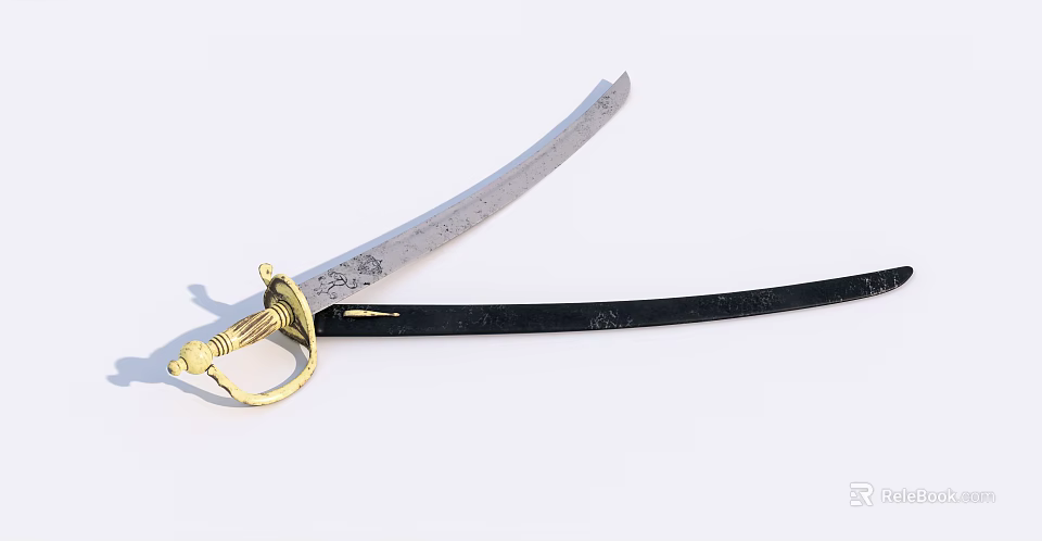 Traditional Curved Sword With Golden Hilt Black Scabbard And Engraved Blade Design 3d model 