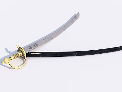 Traditional Curved Sword With Golden Hilt Black Scabbard And Engraved Blade Design 3d model