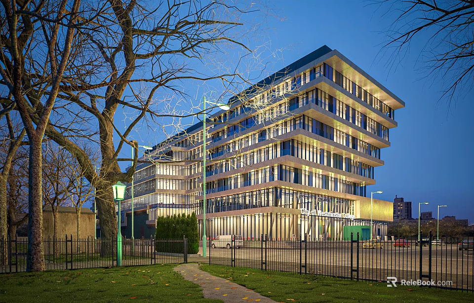 Modern Multi Storey Office Building With Glass Facade Trees Lawn And Street Lamp 3d model 